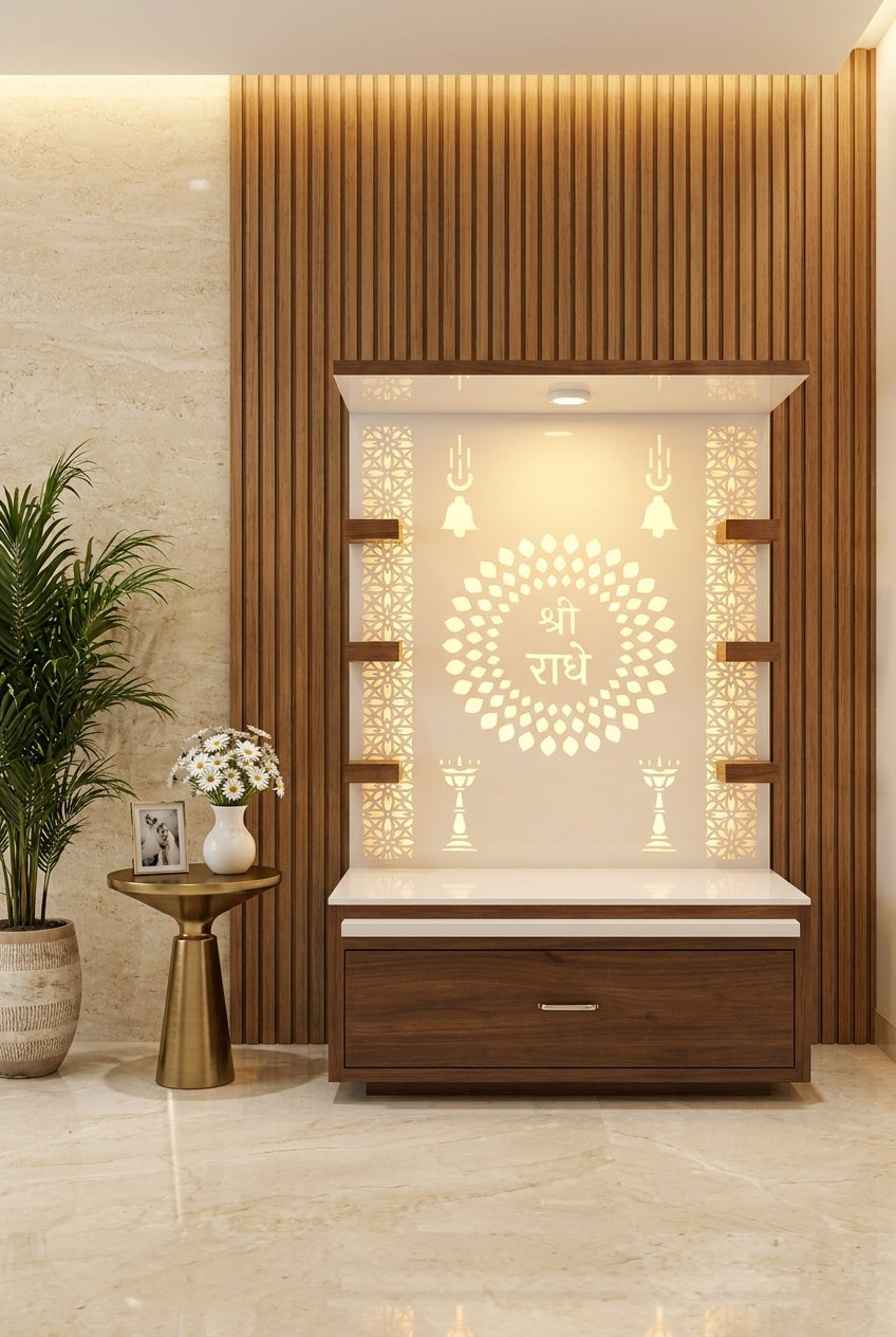 Wall-Mount Corian Mandir Customisable — Floating Home Temple — Luxury Home Interior — Satguru Creations