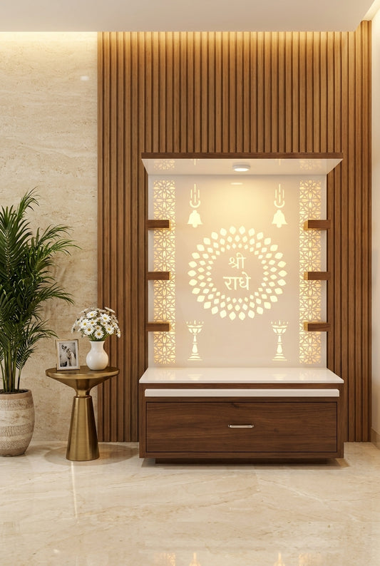 Wall-Mount Corian Mandir Customisable — Floating Home Temple — Luxury Home Interior — Satguru Creations