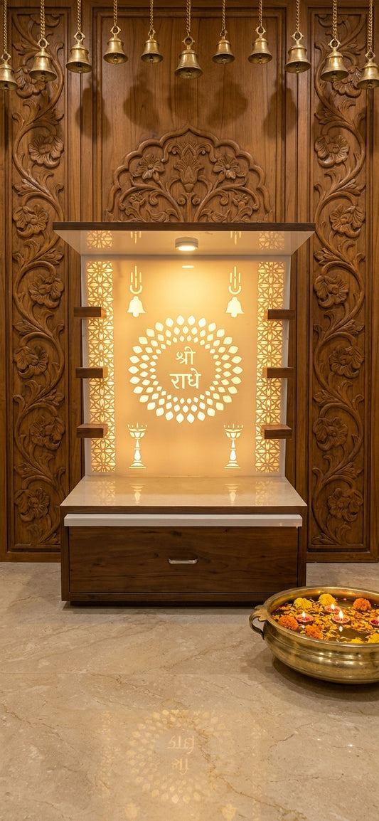 Wall-Mount Corian Mandir Customisable — Floating Home Temple — Luxury Indian Home Interior — Satguru Creations