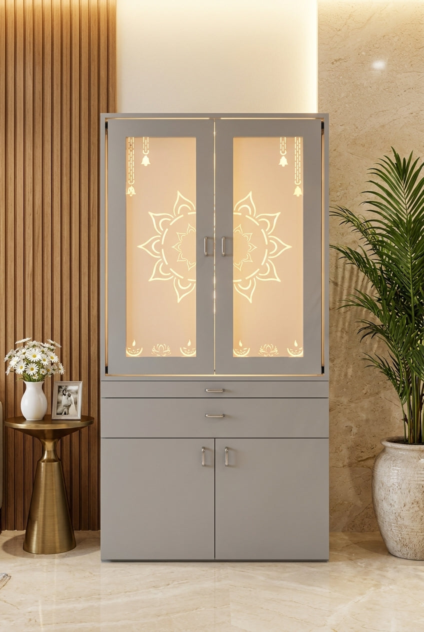 Wall-Mount Corian Mandir Pocket Door and Floating Shelves — Luxury Home Interior — Satguru Creations