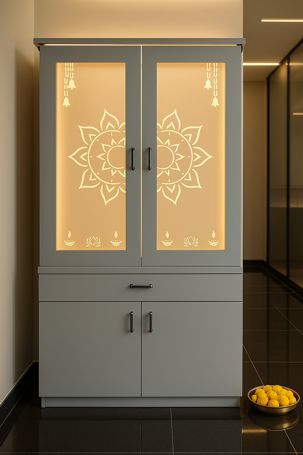 Wall-Mount Corian Mandir Pocket Door and Floating Shelves — Luxury Indian Home Interior — Satguru Creations