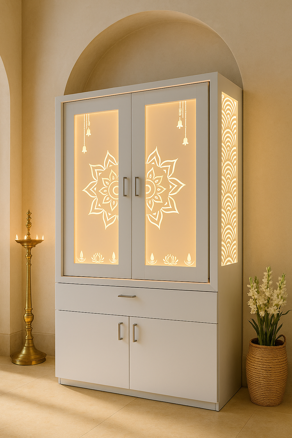 Wall-Mount Corian Mandir Pocket Door and Floating Shelves — Luxury Indian Home Interior — Satguru Creations