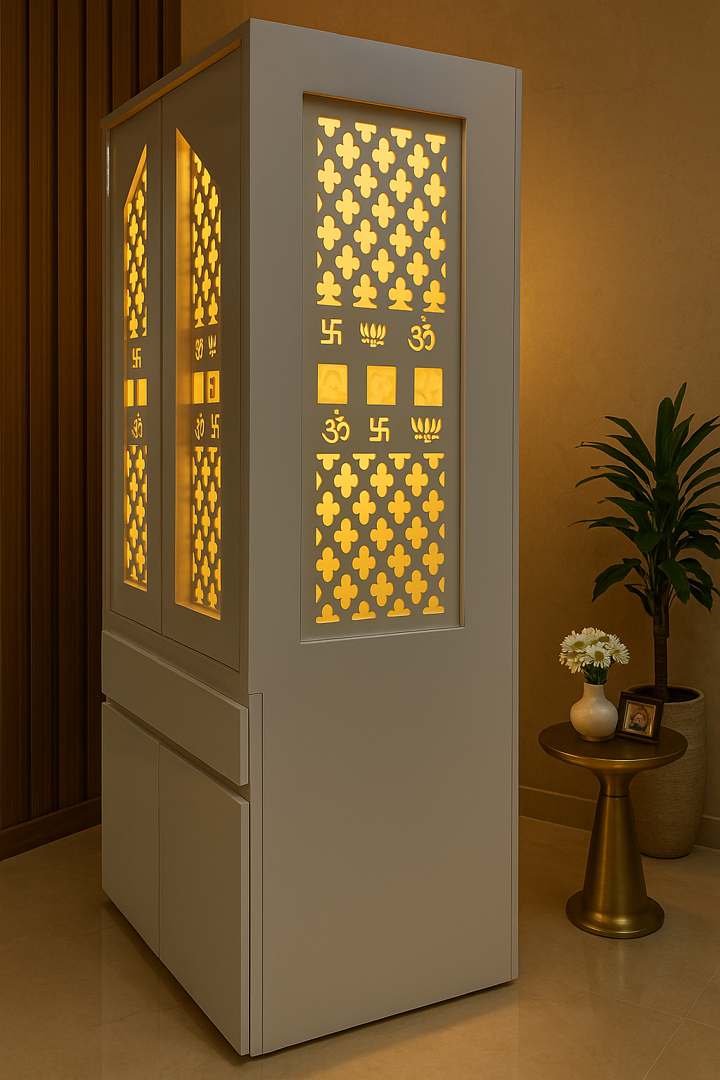 Traditional Pocket Door Corian Mandir — Carved Temple — Luxury Indian Home Interior — Satguru Creations