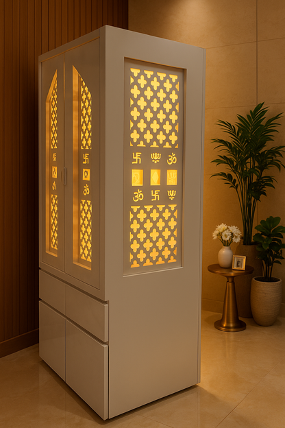 Traditional Pocket Door Corian Mandir — Carved Temple — Luxury Indian Home Interior — Satguru Creations