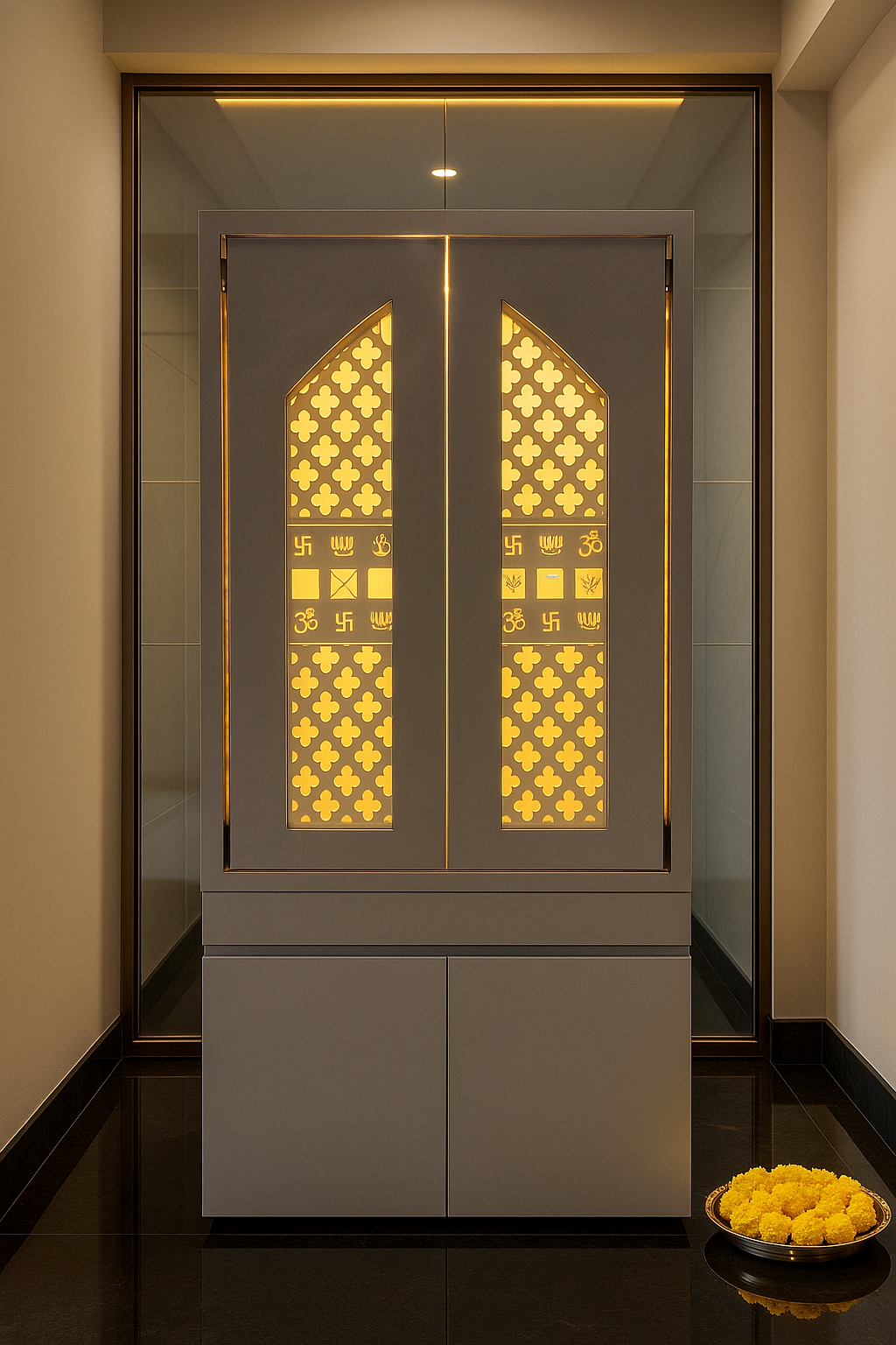 Traditional Pocket Door Corian Mandir — Carved Temple — Luxury Indian Home Interior — Satguru Creations