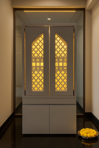 Traditional Pocket Door Corian Mandir — Carved Temple — Luxury Indian Home Interior — Satguru Creations