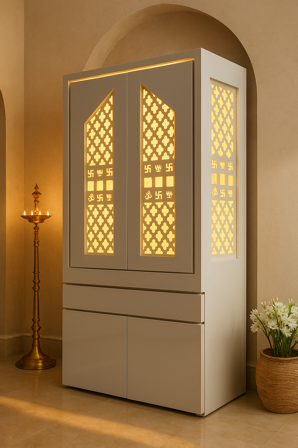 Traditional Pocket Door Corian Mandir — Carved Temple — Luxury Indian Home Interior — Satguru Creations