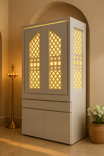 Traditional Pocket Door Corian Mandir — Carved Temple — Luxury Indian Home Interior — Satguru Creations