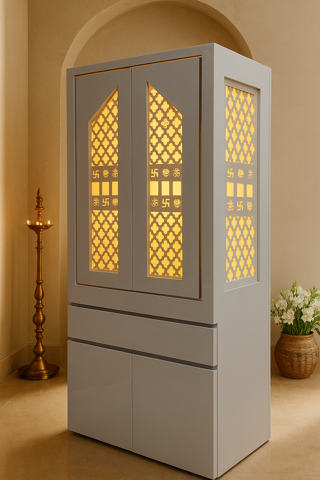 Traditional Pocket Door Corian Mandir — Carved Temple — Luxury Indian Home Interior — Satguru Creations