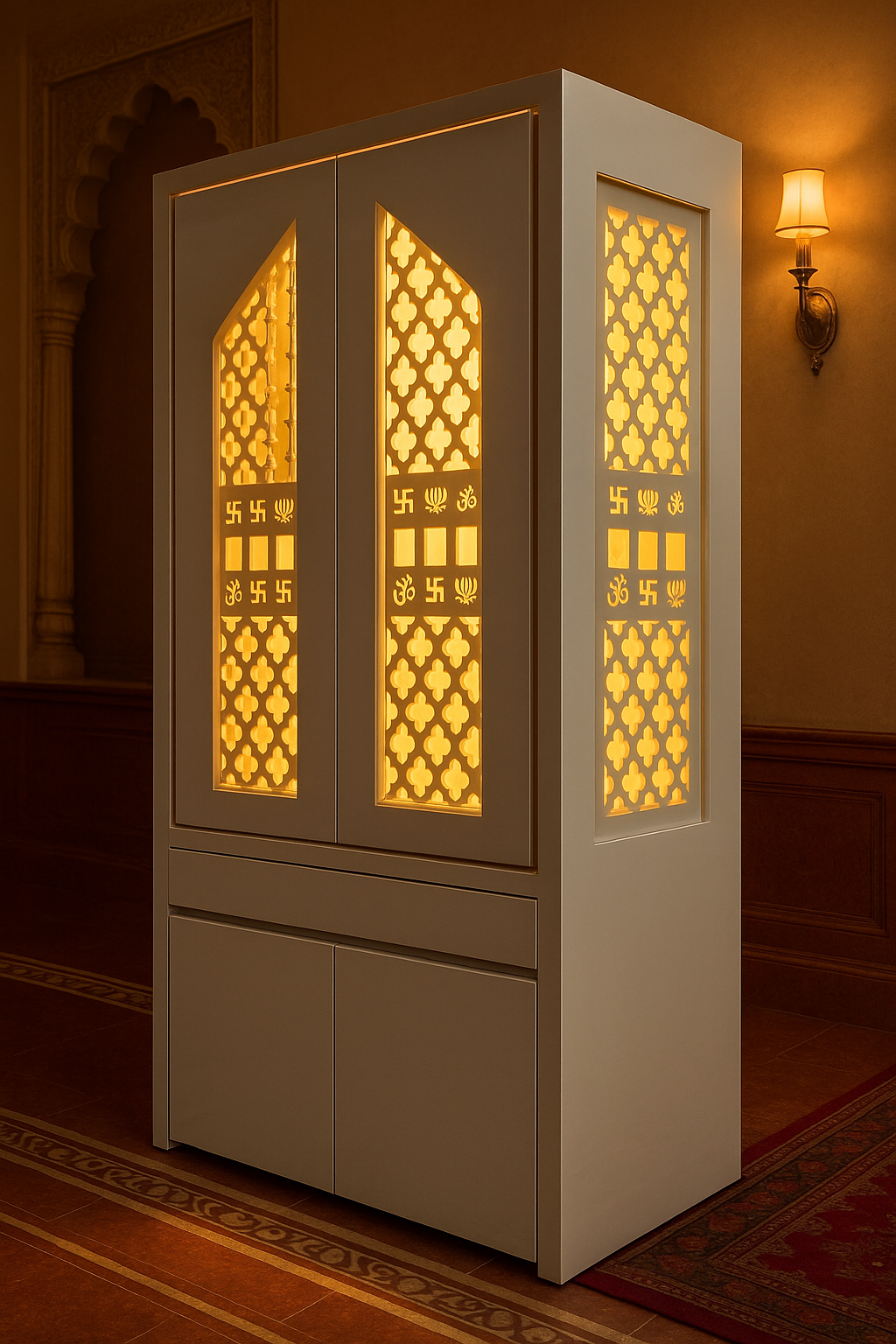 Traditional Pocket Door Corian Mandir — Carved Temple — Luxury Indian Home Interior — Satguru Creations