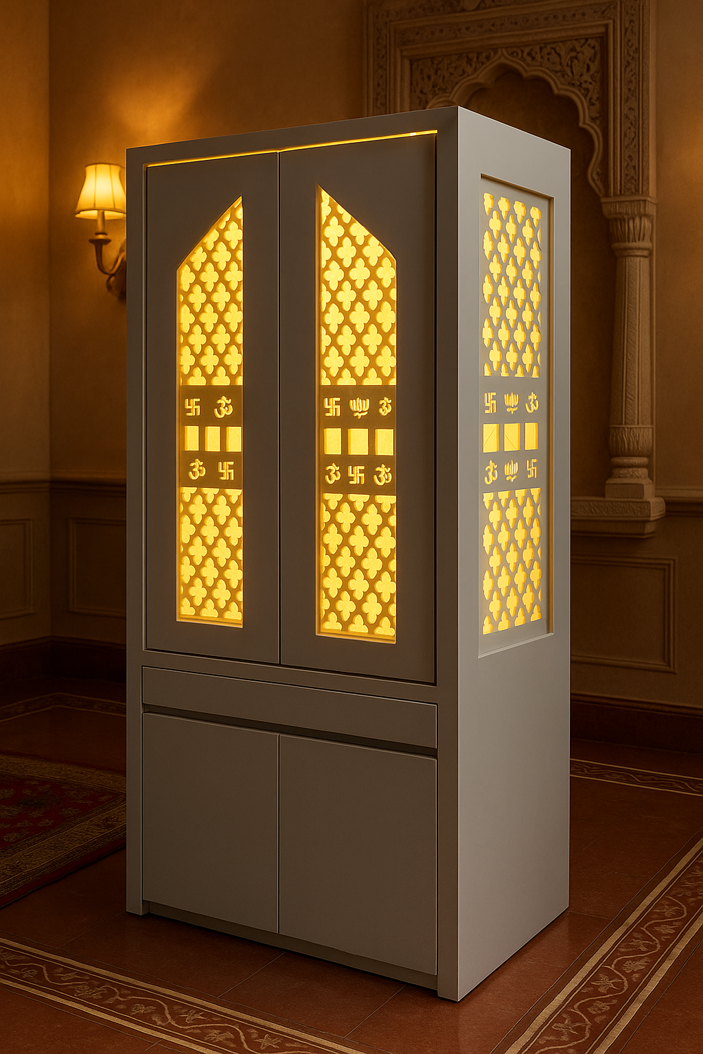 Traditional Pocket Door Corian Mandir — Carved Temple — Luxury Indian Home Interior — Satguru Creations