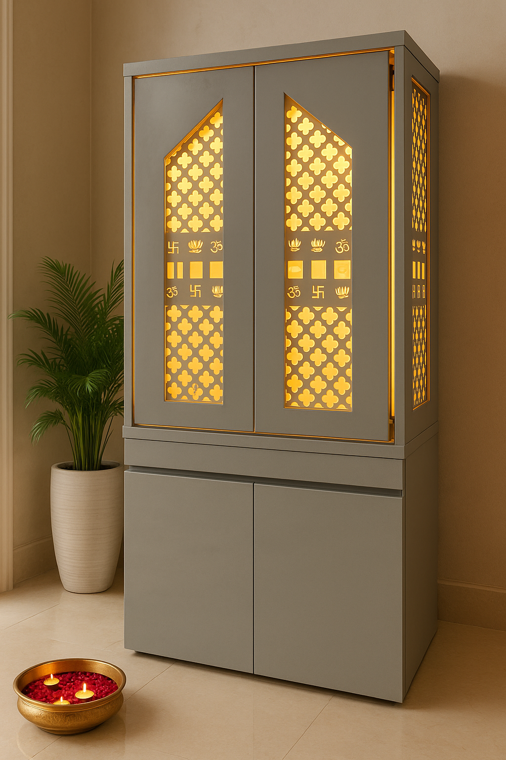 Traditional Pocket Door Corian Mandir — Carved Temple — Luxury Indian Home Interior — Satguru Creations