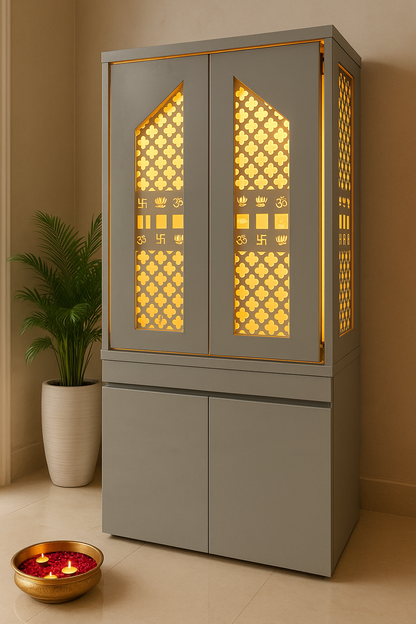 Traditional Pocket Door Corian Mandir — Carved Temple — Luxury Indian Home Interior — Satguru Creations