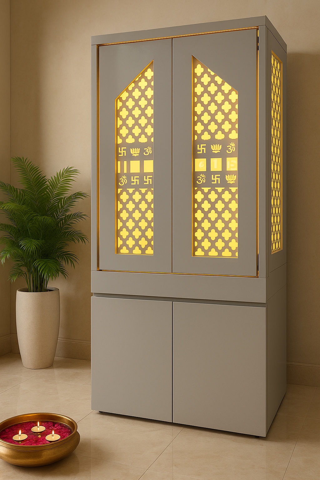Traditional Pocket Door Corian Mandir — Carved Temple — Luxury Indian Home Interior — Satguru Creations
