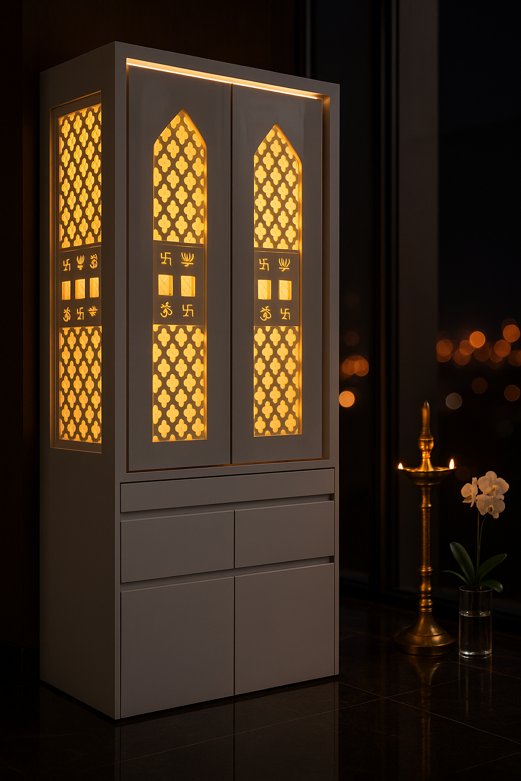 Traditional Pocket Door Corian Mandir — Carved Temple — Luxury Indian Home Interior — Satguru Creations