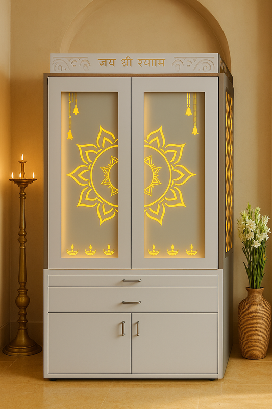 White Custom Pocket Door Corian Mandir — Premium Temple — Luxury Indian Home Interior — Satguru Creations