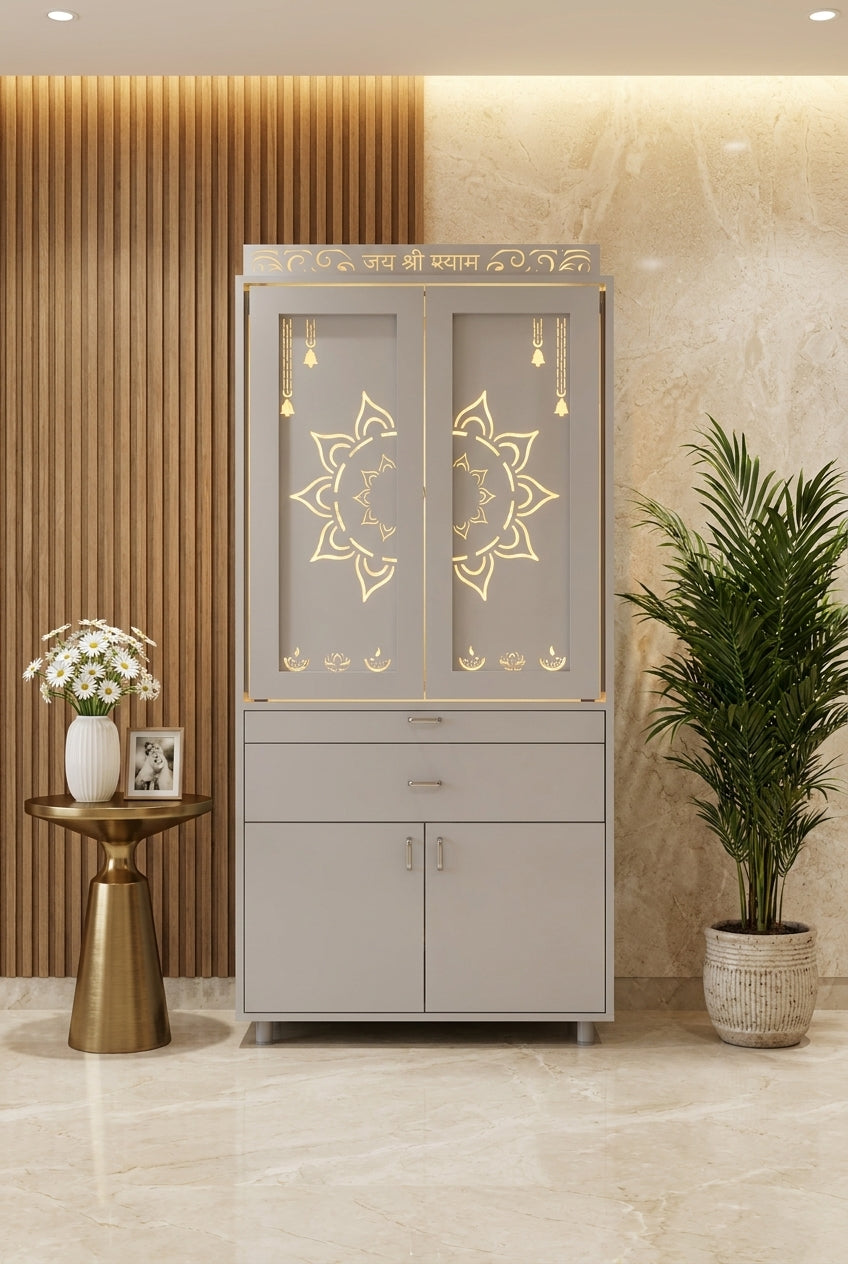Acrylic Mandir with Pocket Doors — Standard Corian Temple — Luxury Home Interior — Satguru Creations