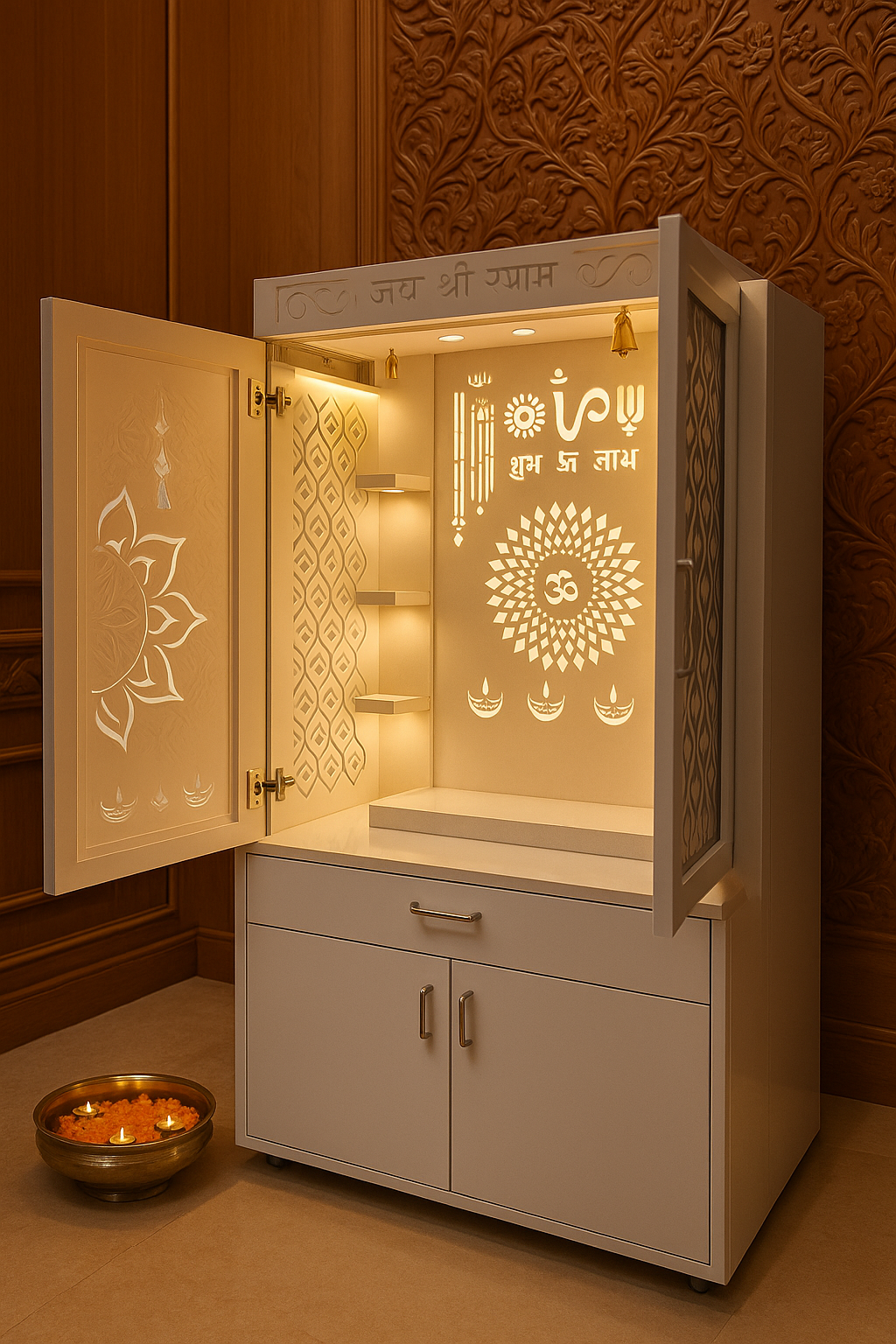 Acrylic Mandir with Pocket Doors — Standard Corian Temple — Luxury Indian Home Interior — Satguru Creations