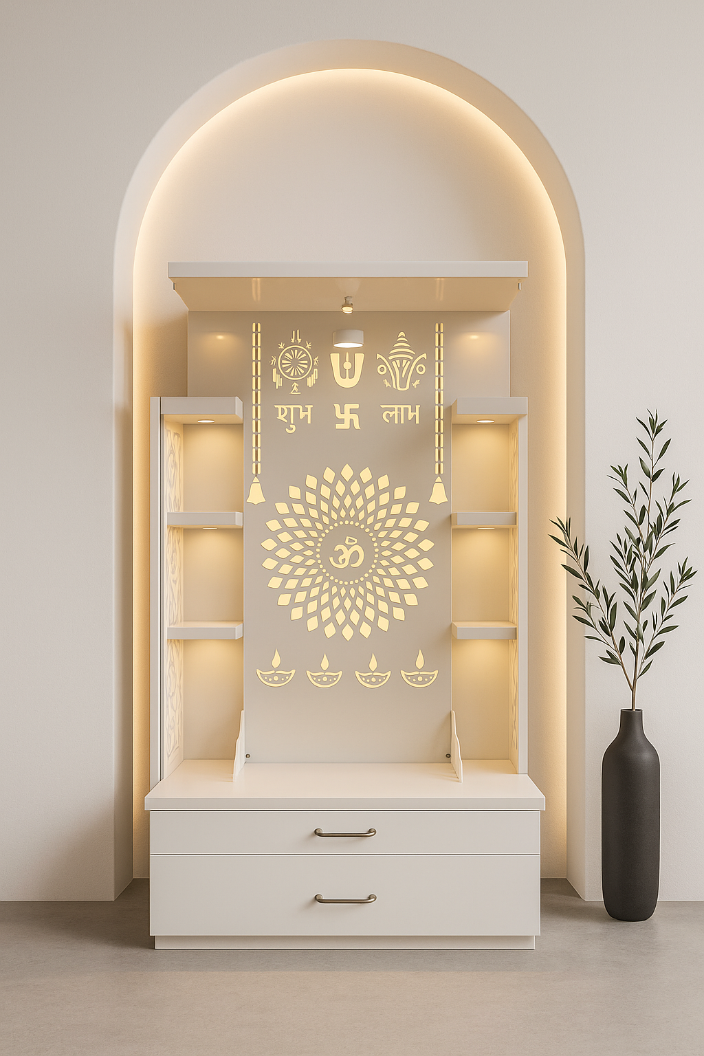 Acrylic Mandir with Pocket Doors — Standard Corian Temple — Luxury Indian Home Interior — Satguru Creations