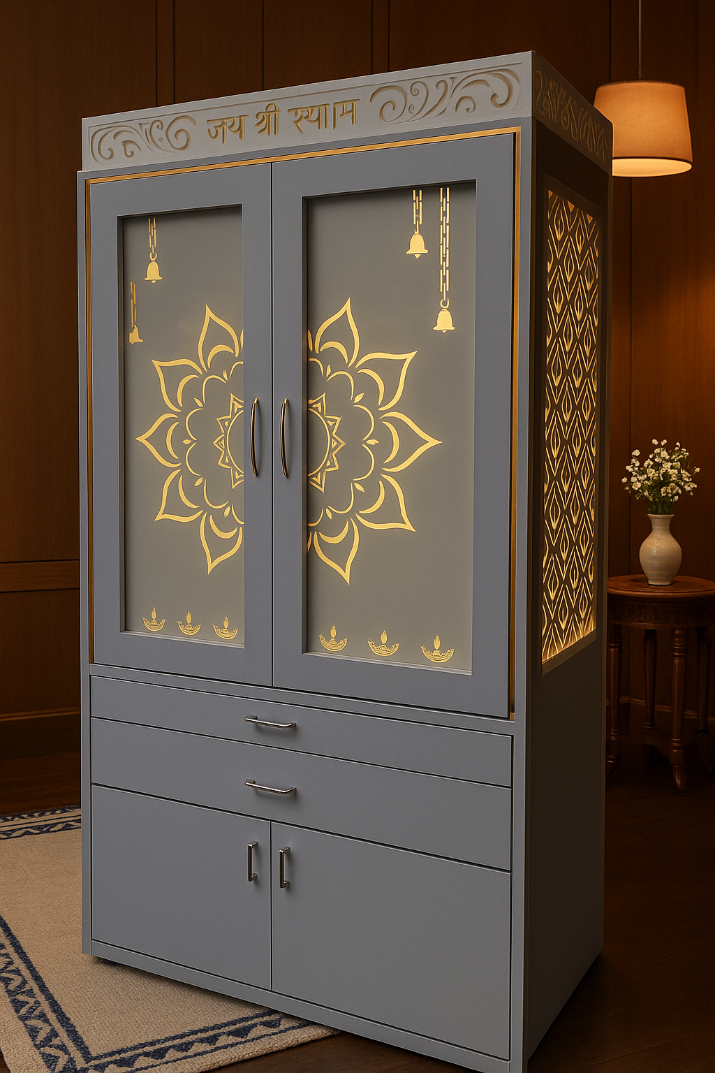 Acrylic Mandir with Pocket Doors — Standard Corian Temple — Luxury Indian Home Interior — Satguru Creations