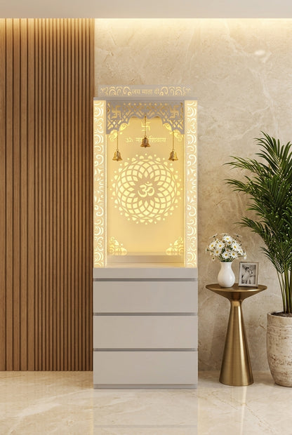 Acrylic Mandir with Storage 6ft x 2ft — Drawer Cabinet Pooja Unit — Luxury Home Interior — Satguru Creations