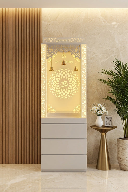 Acrylic Mandir with Storage 6ft x 2ft — Drawer Cabinet Pooja Unit — Luxury Home Interior — Satguru Creations