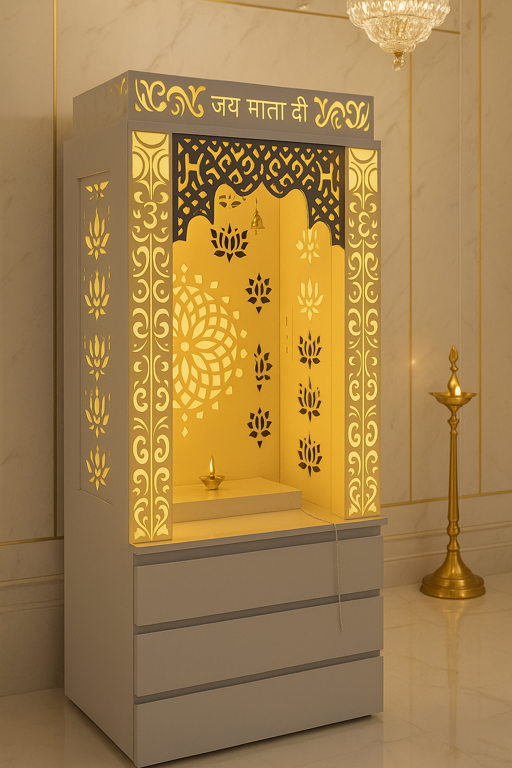 Acrylic Mandir with Storage 6ft x 2ft — Drawer Cabinet Pooja Unit — Luxury Indian Home Interior — Satguru Creations