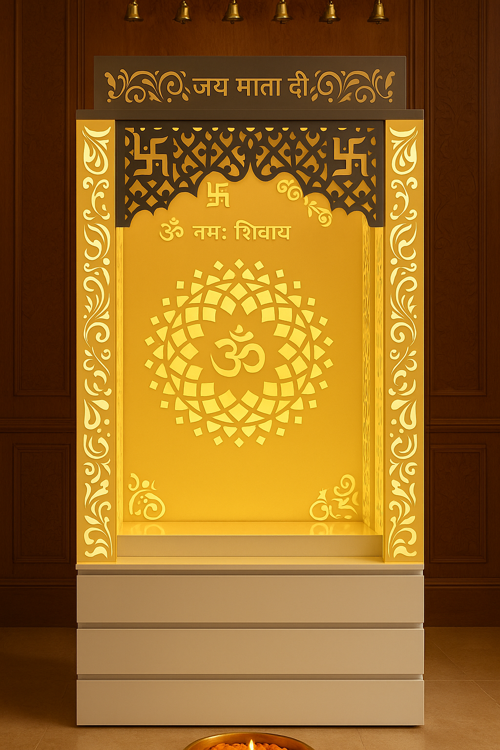Acrylic Mandir with Storage 6ft x 2ft — Drawer Cabinet Pooja Unit — Luxury Indian Home Interior — Satguru Creations