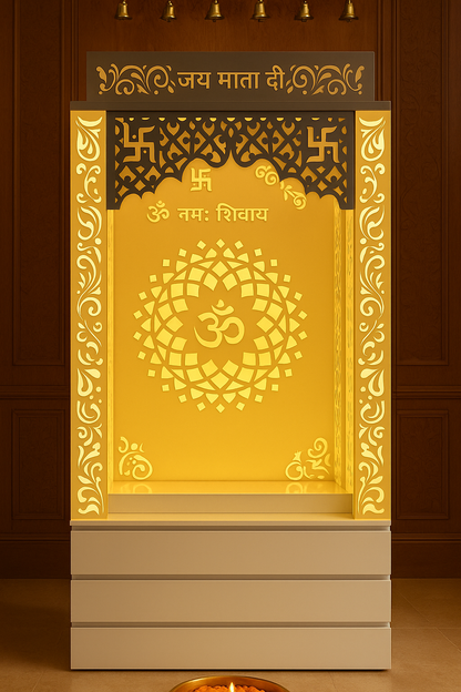 Acrylic Mandir with Storage 6ft x 2ft — Drawer Cabinet Pooja Unit — Luxury Indian Home Interior — Satguru Creations