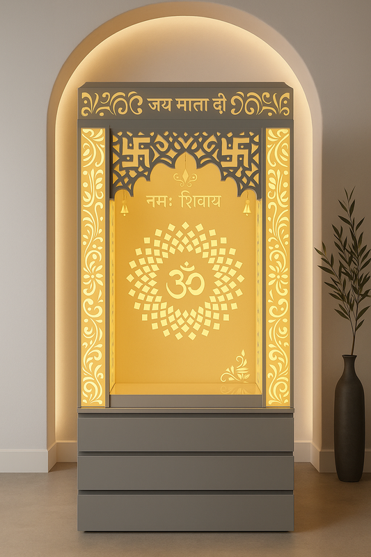 Acrylic Mandir with Storage 6ft x 2ft — Drawer Cabinet Pooja Unit — Luxury Indian Home Interior — Satguru Creations
