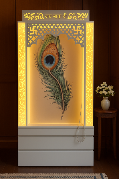 Acrylic Mandir with Storage 6ft x 2ft — Drawer Cabinet Pooja Unit — Luxury Indian Home Interior — Satguru Creations