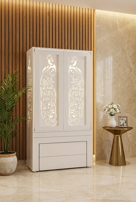 Acrylic Pooja Mandir for Home — Custom Jaali Design — Luxury Home Interior — Satguru Creations