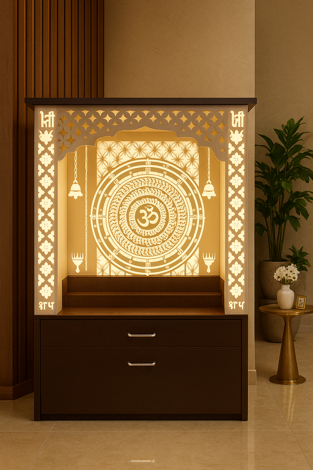 Acrylic Temple for Home — Flat-Pack 4ft Pooja Mandir — Luxury Indian Home Interior — Satguru Creations