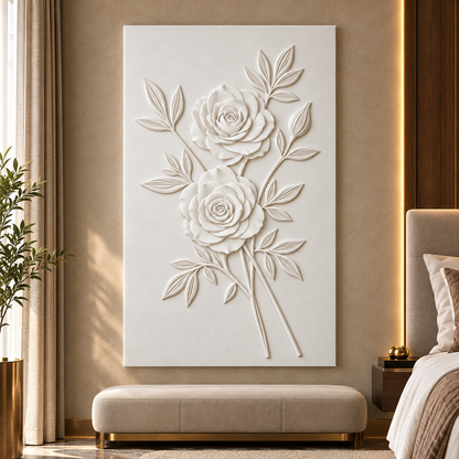 Angled Rose Duet Corian wall panel, front view in a Mumbai bedroom feature wall; AI-assisted concept visualisation