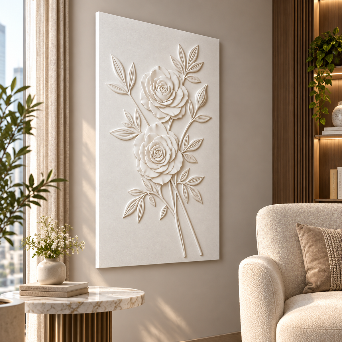Angled Rose Duet Corian wall panel, left view in a Mumbai living room reading corner; AI-assisted concept visualisation
