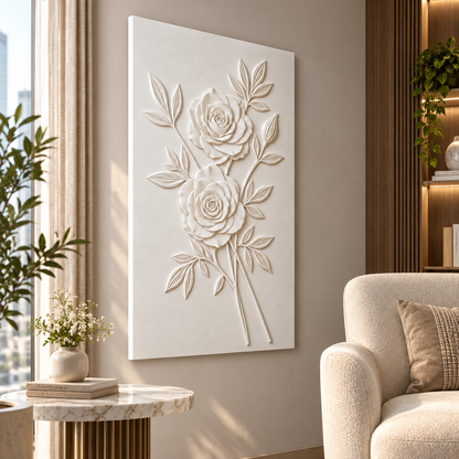 Angled Rose Duet Corian wall panel, left view in a Mumbai living room reading corner; AI-assisted concept visualisation
