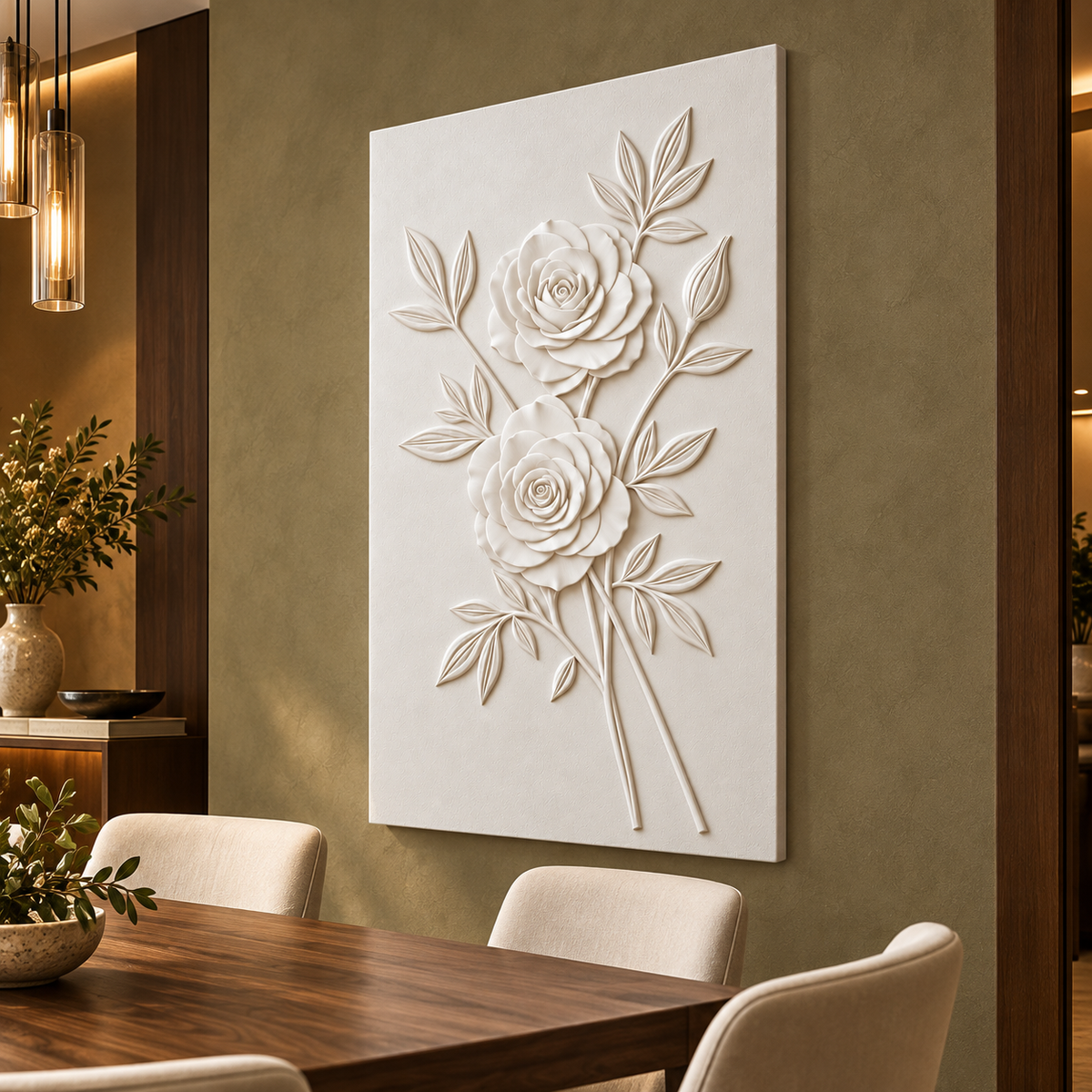 Angled Rose Duet Corian wall panel, right view in a Mumbai dining room accent wall; AI-assisted concept visualisation