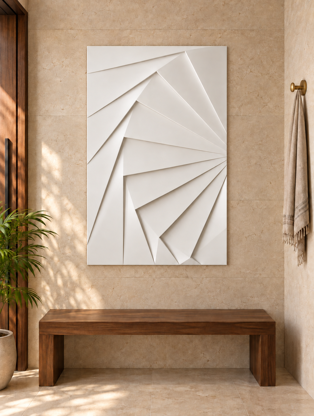 CWP-638 Angular Fold Rhythm Corian Wall Panel, 2.5 ft wide x 4 ft high, front view in a Mumbai entrance; AI-assisted concept visualisation
