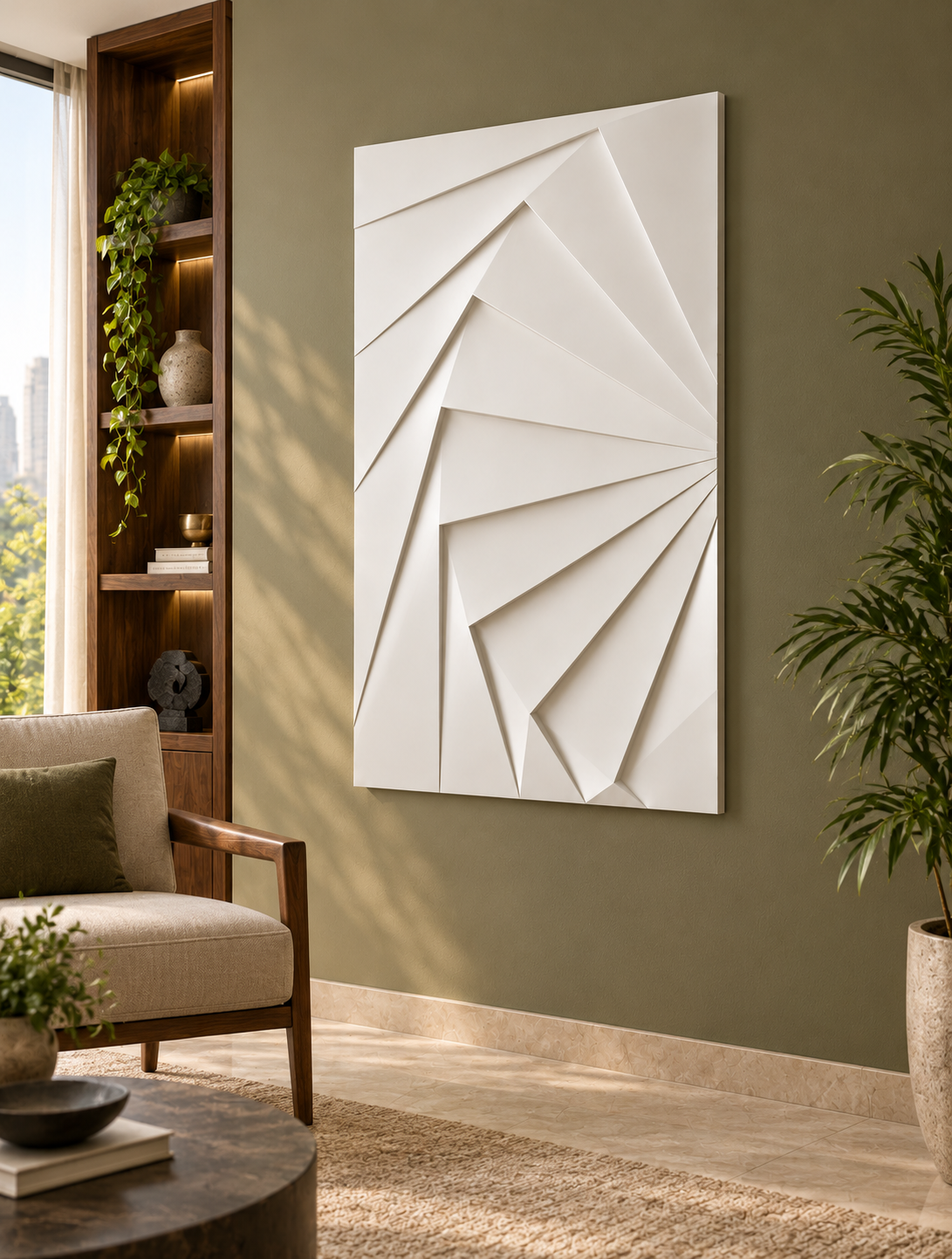 CWP-638 Angular Fold Rhythm Corian Wall Panel, 2.5 ft wide x 4 ft high, right view in a Mumbai living room; AI-assisted concept visualisation