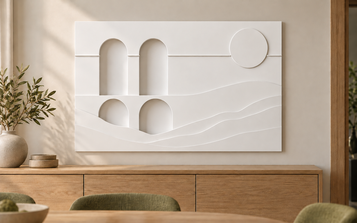 CWP-639 Arches and Dunes Corian Wall Panel, 4 ft wide x 2.5 ft high, front view in a Mumbai dining room; AI-assisted concept visualisation