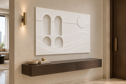 CWP-639 Arches and Dunes Corian Wall Panel, 4 ft wide x 2.5 ft high, left view in a Mumbai entrance hallway; AI-assisted concept visualisation