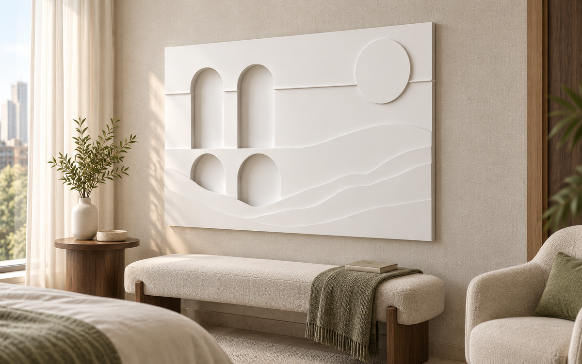 CWP-639 Arches and Dunes Corian Wall Panel, 4 ft wide x 2.5 ft high, right view in a Mumbai bedroom; AI-assisted concept visualisation