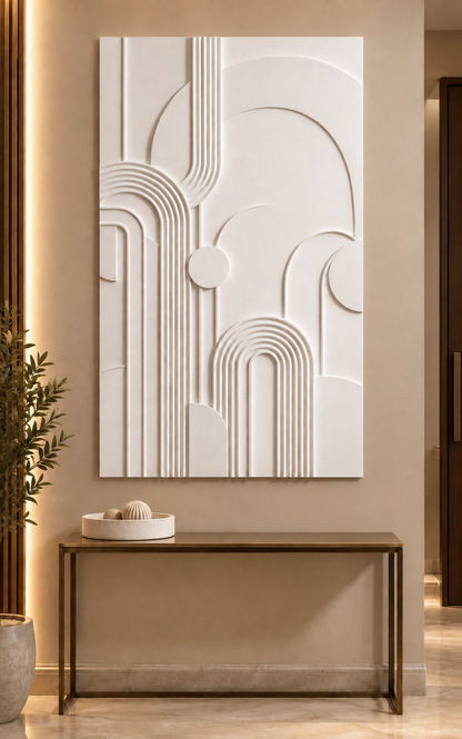 Arcway Rib Ensemble Corian wall panel, front view in a Mumbai entrance console wall; AI-assisted concept visualisation