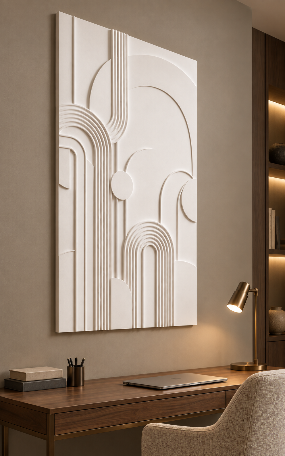 Arcway Rib Ensemble Corian wall panel, left view in a Mumbai home office backdrop; AI-assisted concept visualisation
