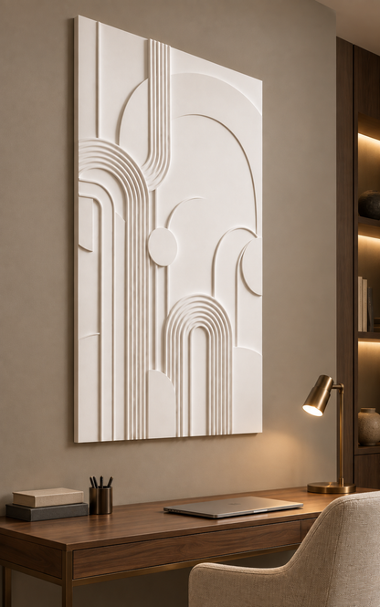Arcway Rib Ensemble Corian wall panel, left view in a Mumbai home office backdrop; AI-assisted concept visualisation