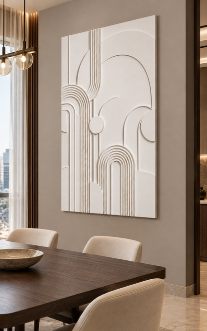 Arcway Rib Ensemble Corian wall panel, right view in a Mumbai contemporary dining room; AI-assisted concept visualisation