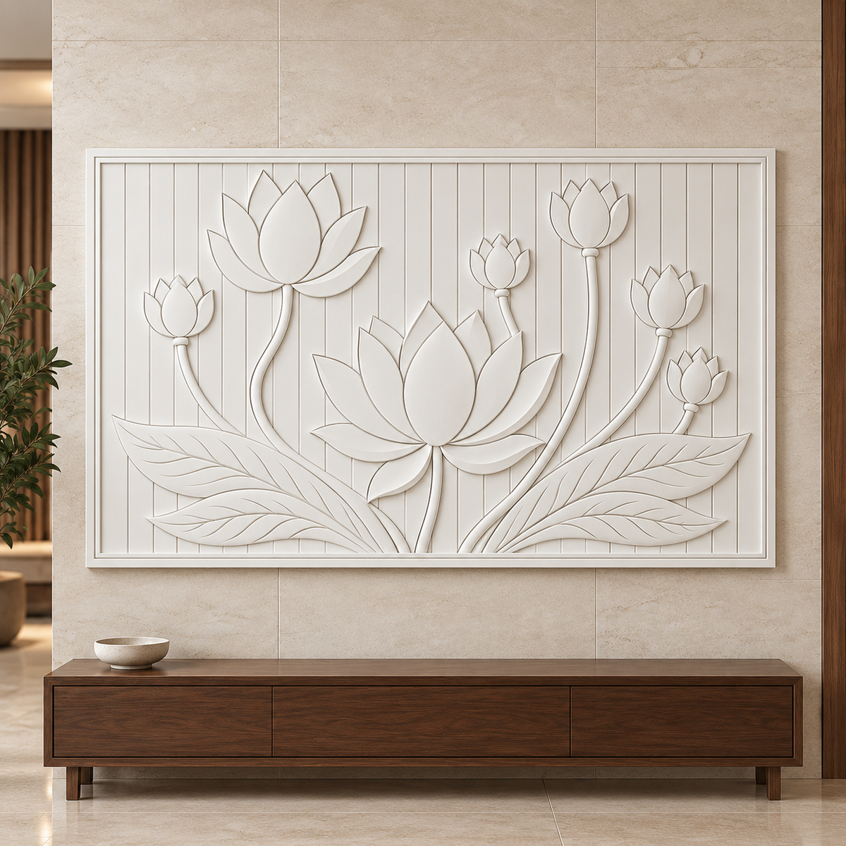 Ascending Lotus Cluster Corian Wall Panel CWP-624, front view in a Mumbai home setting; AI-assisted concept
