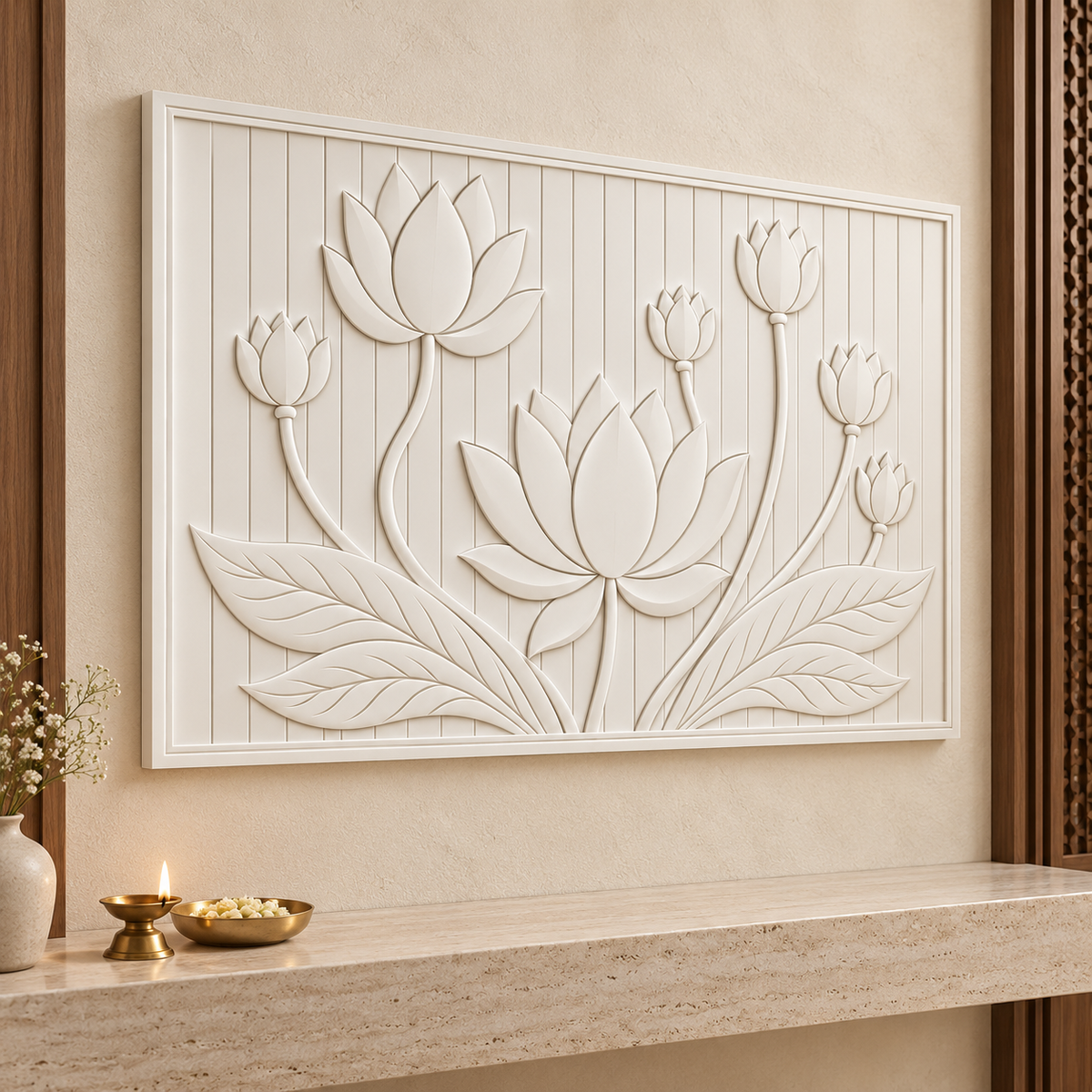 Ascending Lotus Cluster Corian Wall Panel CWP-624, left view in a Mumbai home setting; AI-assisted concept