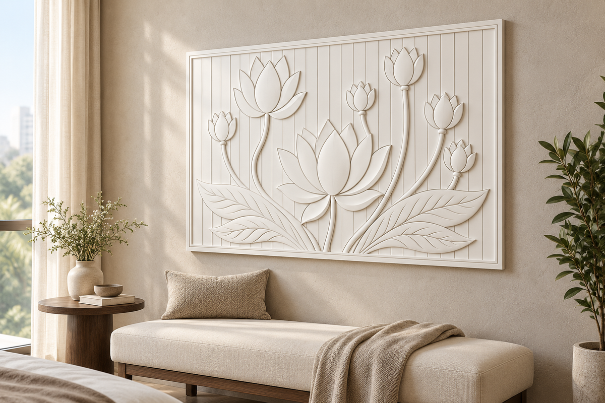 Ascending Lotus Cluster Corian Wall Panel CWP-624, right view in a Mumbai home setting; AI-assisted concept
