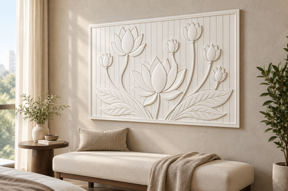 Ascending Lotus Cluster Corian Wall Panel CWP-624, right view in a Mumbai home setting; AI-assisted concept